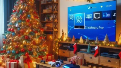 AI generated Image (DALL-E) of a christmas decorated living room containing a christmas tree, a big tv and a gaming console.