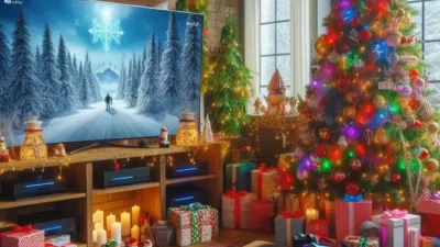 KI generiertes Bild (DALL-E) von einem weihnachtlich geschmücktem Wohnzimmer mit einem Weihnachtsbaum, einem großen Fernseher und einer Spielekonsole.